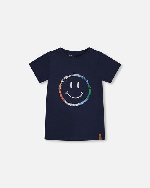 Organic Cotton Graphic Tee Smiling Navy Blue - G30U79_481