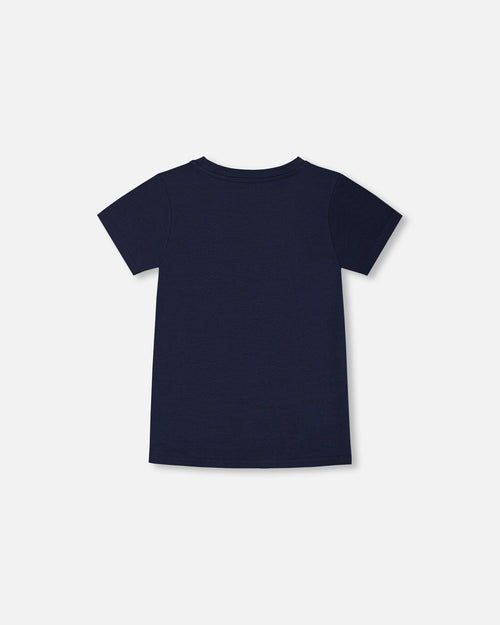 Organic Cotton Graphic Tee Smiling Navy Blue - G30U79_481