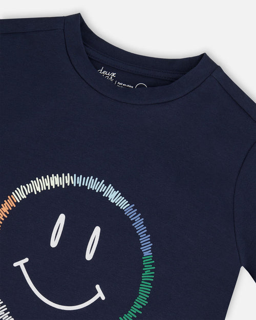 Organic Cotton Graphic Tee Smiling Navy Blue - G30U79_481