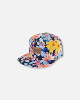 Printed Cap Navy And Yellow And Pink Flowers