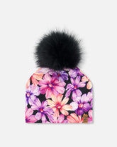 Printed Jersey Detachable Pompom Hat Black With Pink And Orange Flowers