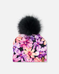 Printed Jersey Detachable Pompom Hat Black With Pink And Orange Flowers - G30W20_003