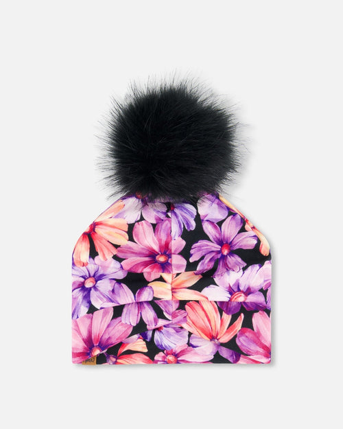 Printed Jersey Detachable Pompom Hat Black With Pink And Orange Flowers - G30W20_003