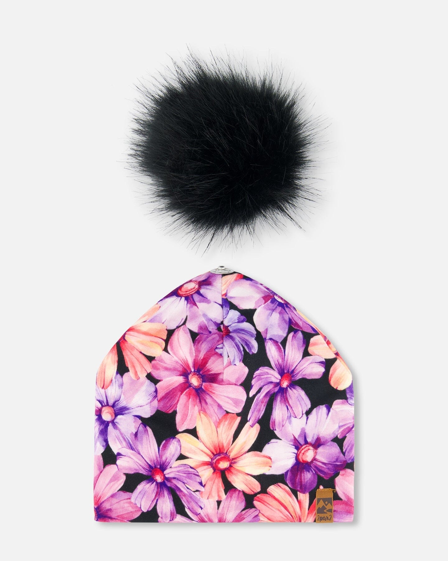 Printed Jersey Detachable Pompom Hat Black With Pink And Orange Flowers - G30W20_003