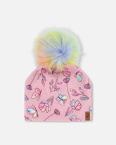 Printed Jersey Detachable Pompom Hat Lilac And Multicolored Butterfly