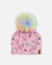 Printed Jersey Detachable Pompom Hat Lilac And Multicolored Butterfly - G30W20_005