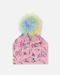 Printed Jersey Detachable Pompom Hat Lilac And Multicolored Butterfly - G30W20_005