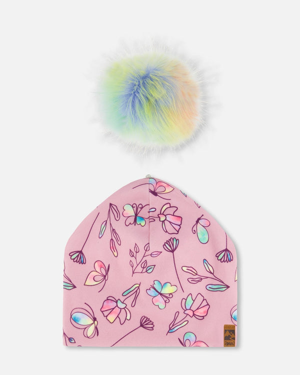 Printed Jersey Detachable Pompom Hat Lilac And Multicolored Butterfly - G30W20_005