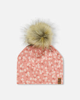 Printed Jersey Detachable Pompom Hat Small White Flowers On Pale Pink