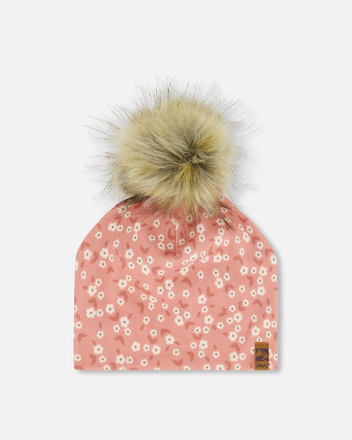 Printed Jersey Detachable Pompom Hat Small White Flowers On Pale Pink - G30W20_006