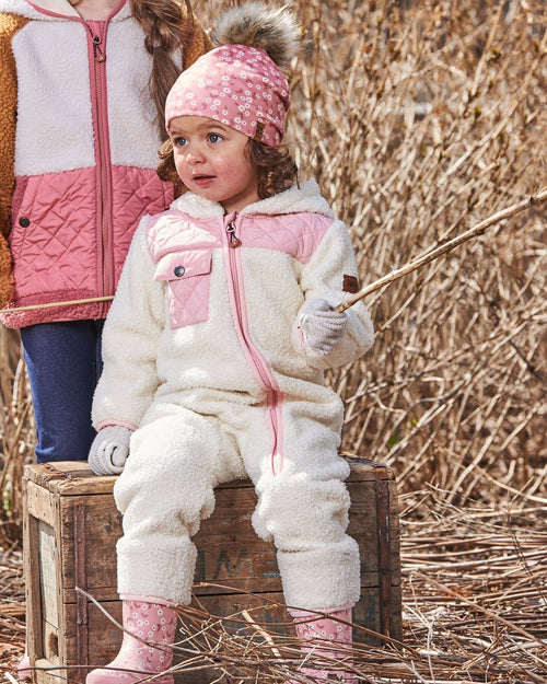 Printed Jersey Detachable Pompom Hat Small White Flowers On Pale Pink - G30W20_006