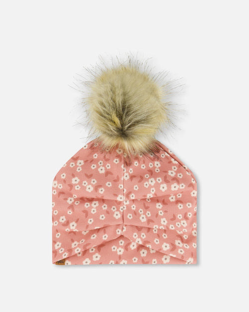 Printed Jersey Detachable Pompom Hat Small White Flowers On Pale Pink - G30W20_006