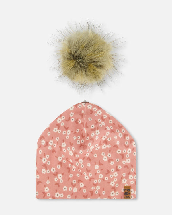 Printed Jersey Detachable Pompom Hat Small White Flowers On Pale Pink - G30W20_006