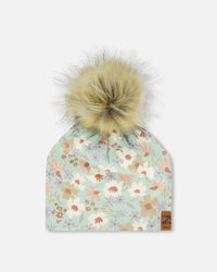 Printed Jersey Detachable Pompom Hat Small White Flowers On Turquoise And Lilac - G30W20_007