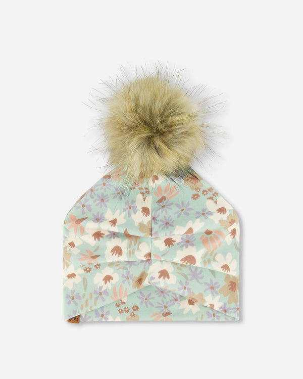 Printed Jersey Detachable Pompom Hat Small White Flowers On Turquoise And Lilac - G30W20_007