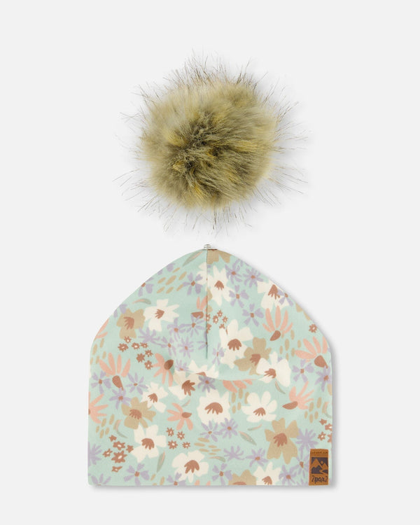 Printed Jersey Detachable Pompom Hat Small White Flowers On Turquoise And Lilac - G30W20_007