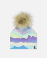 Printed Jersey Detachable Pompom Hat Mauve And Blue, Pink Mountain