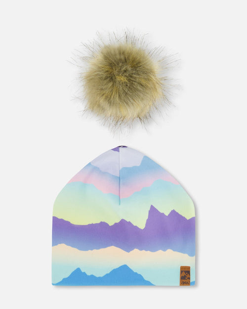 Printed Jersey Detachable Pompom Hat Mauve And Blue, Pink Mountain - G30W20_008