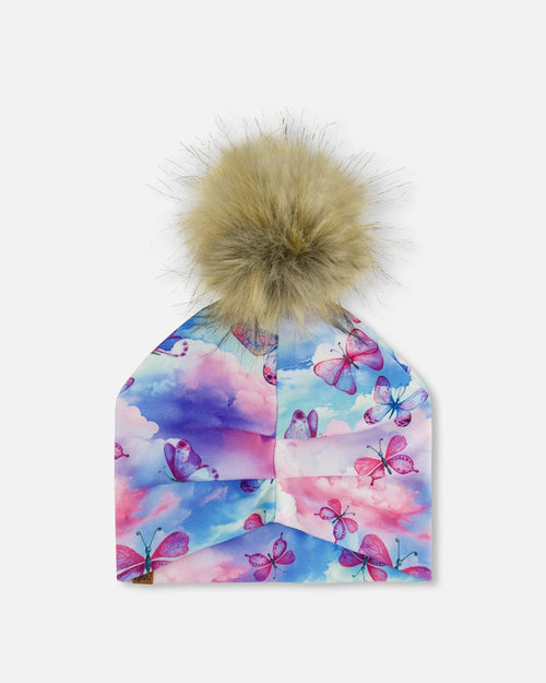 Printed Jersey Detachable Pompom Hat Butterflies On Multicolored Background - G30W20_009