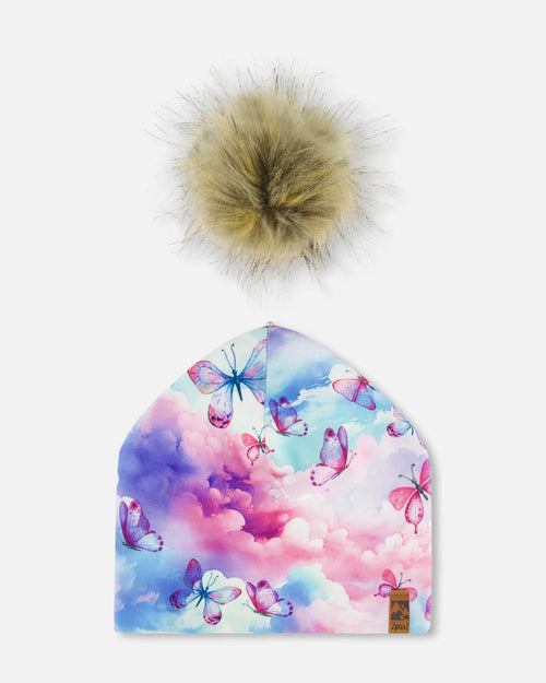 Printed Jersey Detachable Pompom Hat Butterflies On Multicolored Background - G30W20_009