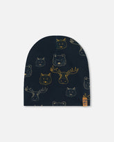 Printed Beanie Hat Beige Animals On Black Background