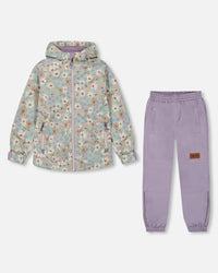 Printed Jacket Two-Piece Mid-Season Outerwear Set Small White Flowers On Turquoise And Lilac. - G30W51_571