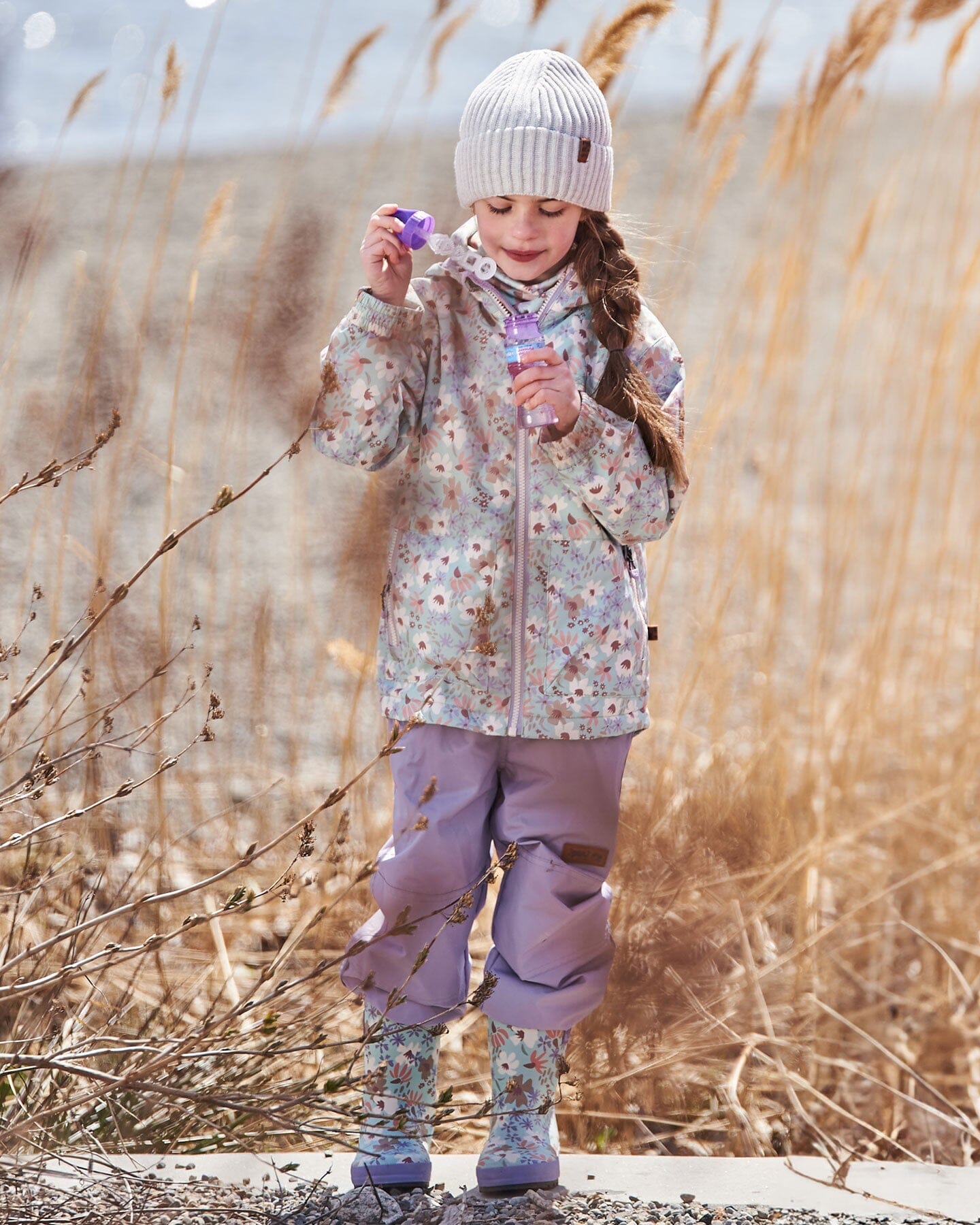 Printed Jacket Two-Piece Mid-Season Outerwear Set Small White Flowers On Turquoise And Lilac. - G30W51_571