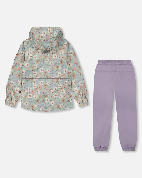 Printed Jacket Two-Piece Mid-Season Outerwear Set Small White Flowers On Turquoise And Lilac. - G30W51_571