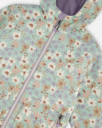 Printed Jacket Two-Piece Mid-Season Outerwear Set Small White Flowers On Turquoise And Lilac. - G30W51_571