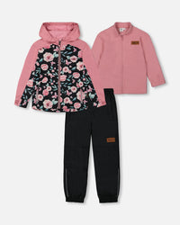 3-In-1 Mid-Season Outerwear Set With Printed Jacket Pink, Black, And Flowers - G30W55_999