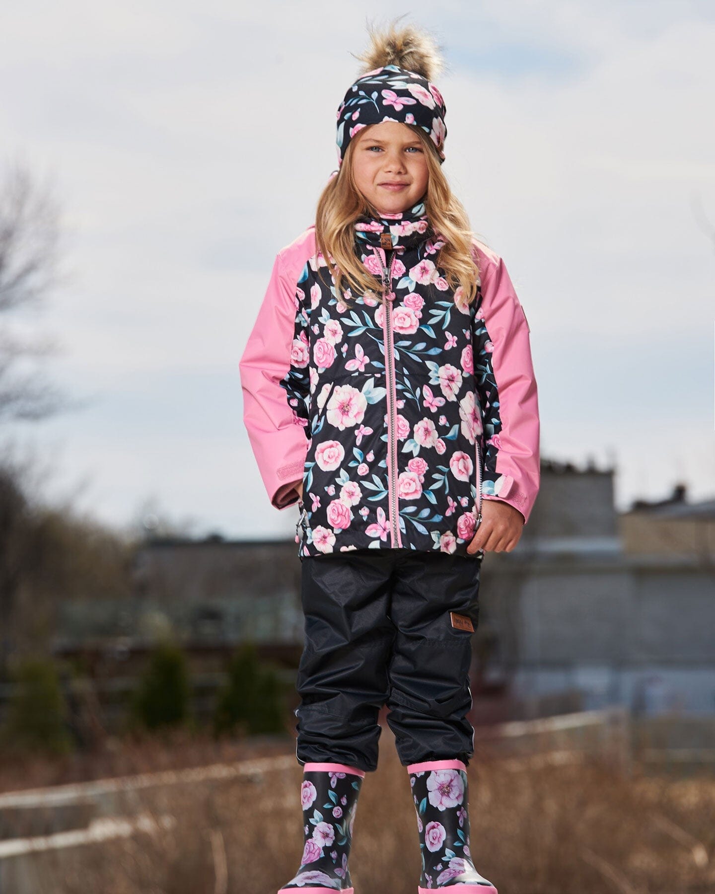 3-In-1 Mid-Season Outerwear Set With Printed Jacket Pink, Black, And Flowers - G30W55_999