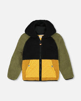 Sherpa Mid-Season Colorblock Jacket Black, Tan, And Olive Green