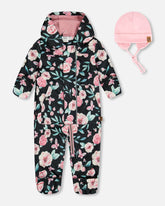 Baby Printed Mid-Season One-Piece Outerwear With Hat Pink, Black, And Flowers