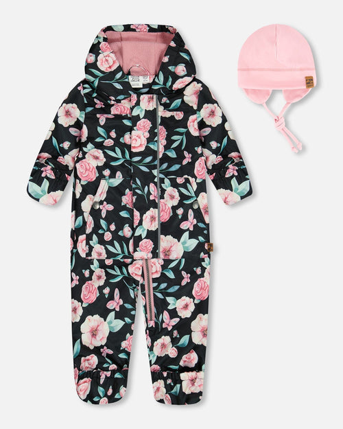 Baby Printed Mid-Season One-Piece Outerwear With Hat Pink, Black, And Flowers - G30W65_002