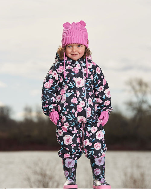 Baby Printed Mid-Season One-Piece Outerwear With Hat Pink, Black, And Flowers - G30W65_002