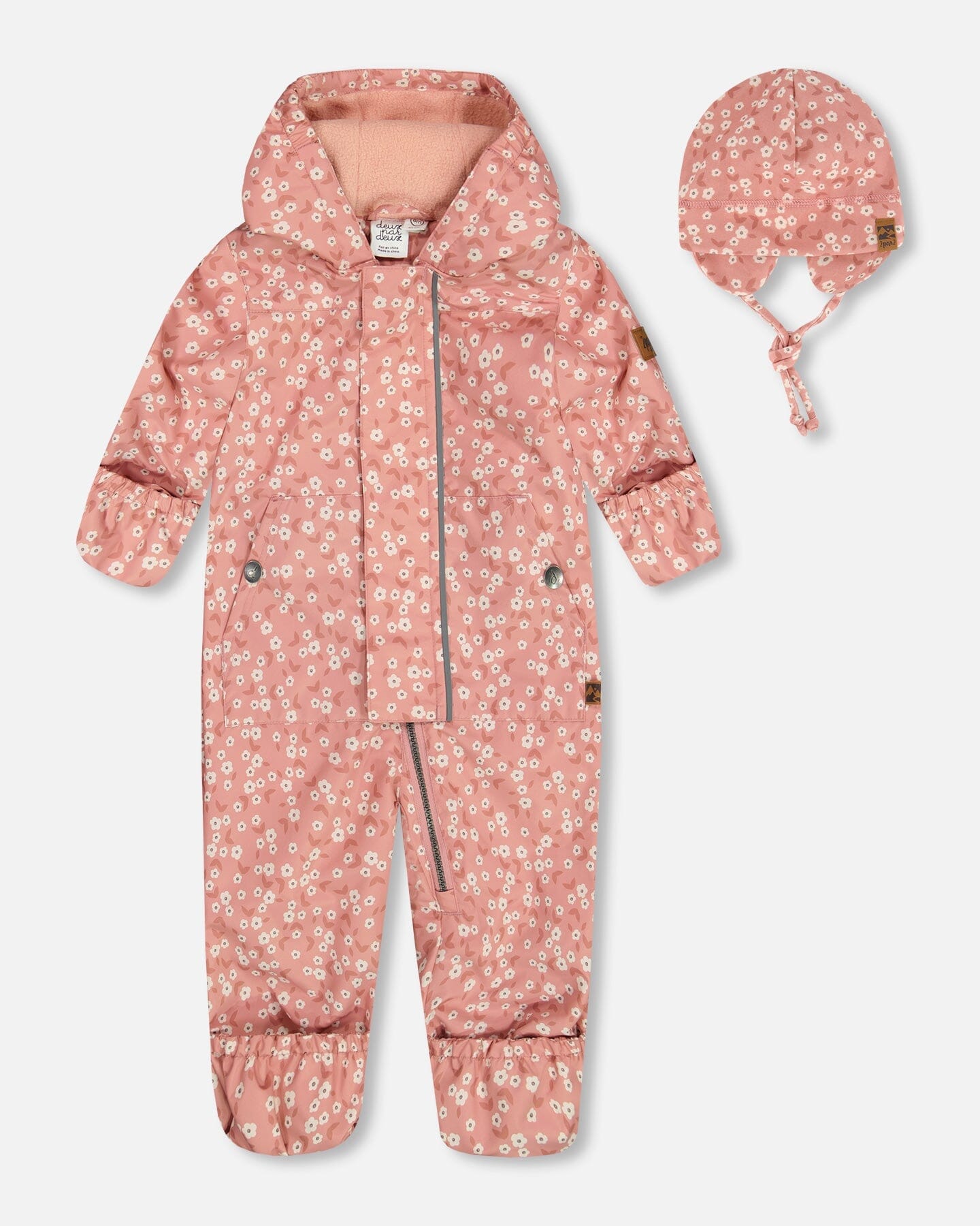 Baby Printed Mid-Season One-Piece Outerwear With Hat Small White Flowers On Pale Pink - G30W65_006