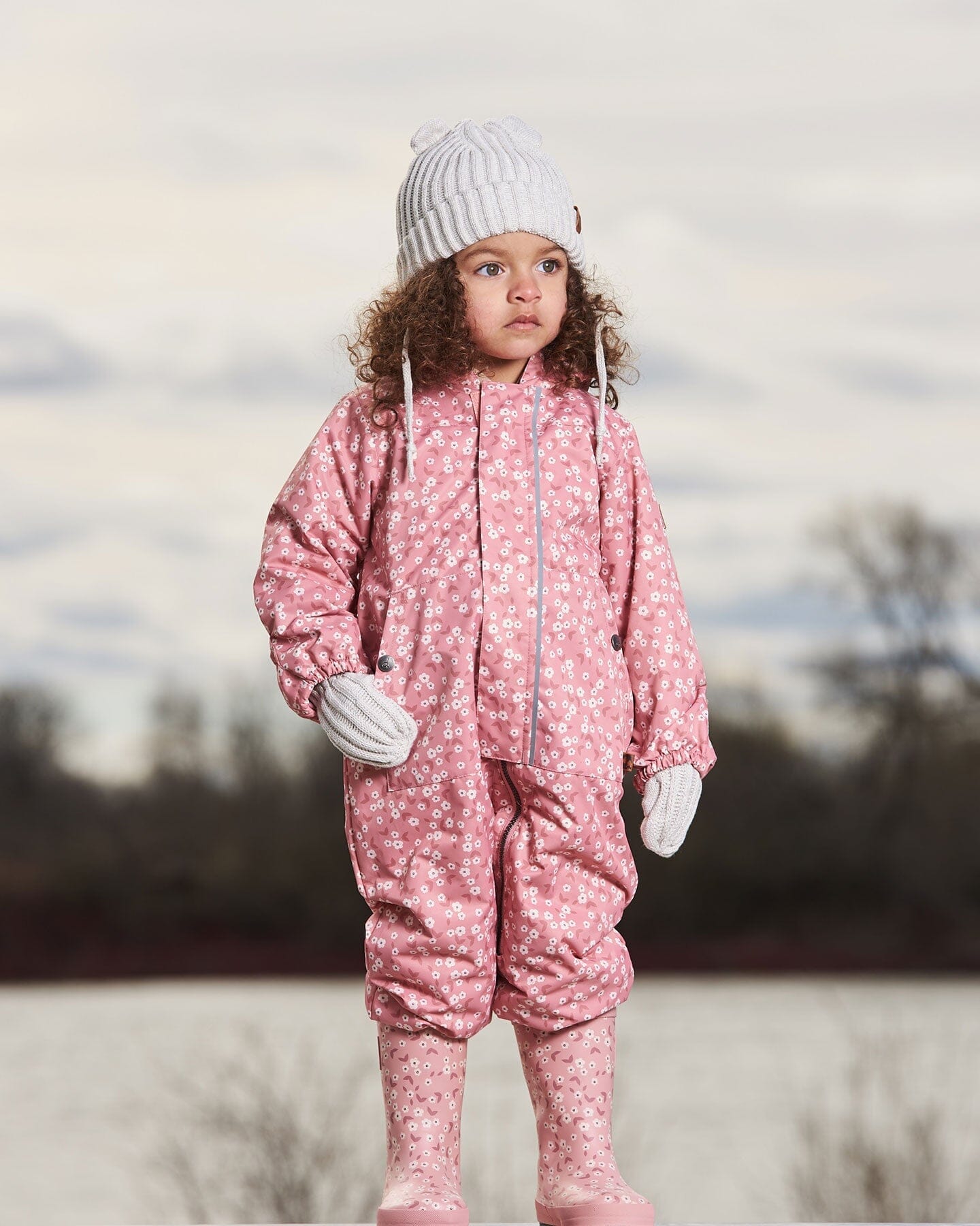 Baby Printed Mid-Season One-Piece Outerwear With Hat Small White Flowers On Pale Pink - G30W65_006