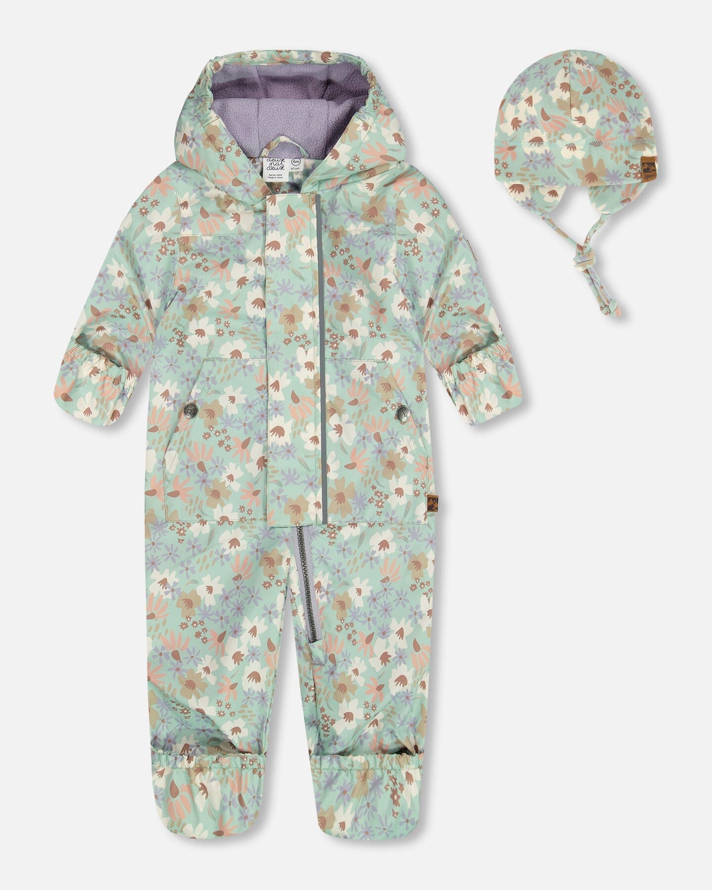 Baby Printed Mid-Season One-Piece Outerwear With Hat Small White Flowers On Turquoise And Lilac - G30W65_007