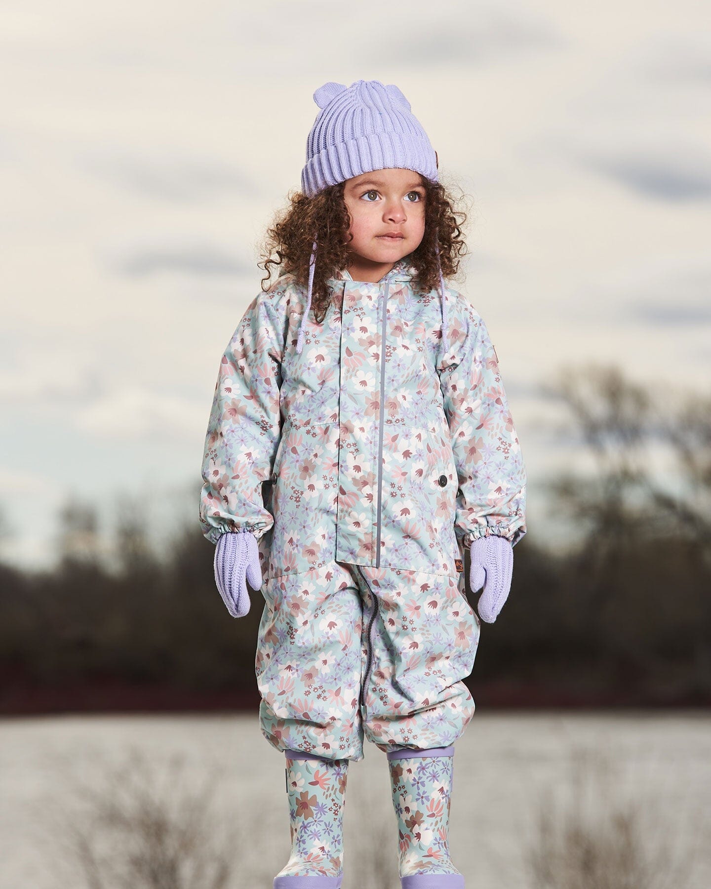 Baby Printed Mid-Season One-Piece Outerwear With Hat Small White Flowers On Turquoise And Lilac - G30W65_007