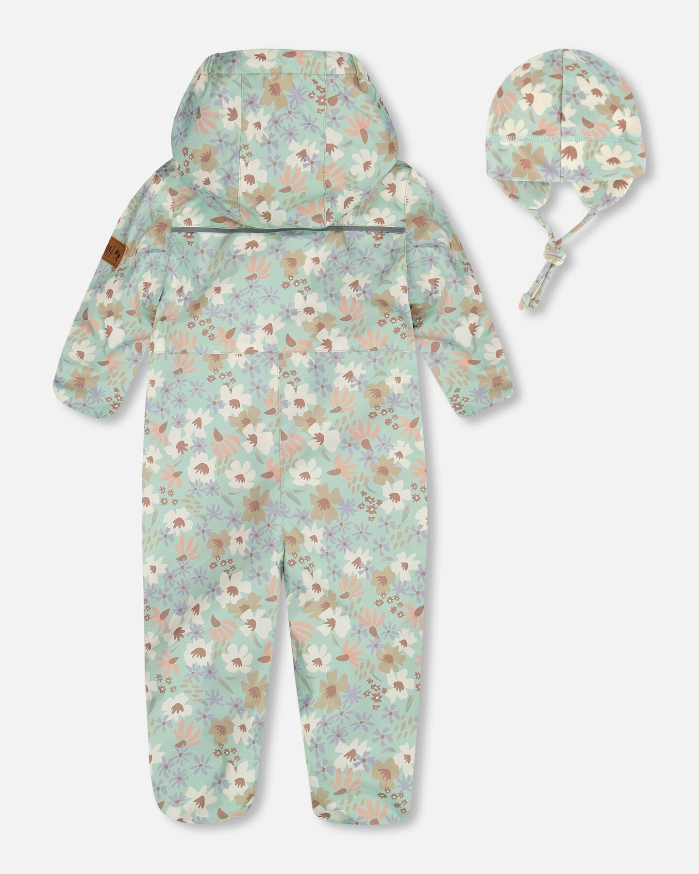 Baby Printed Mid-Season One-Piece Outerwear With Hat Small White Flowers On Turquoise And Lilac - G30W65_007