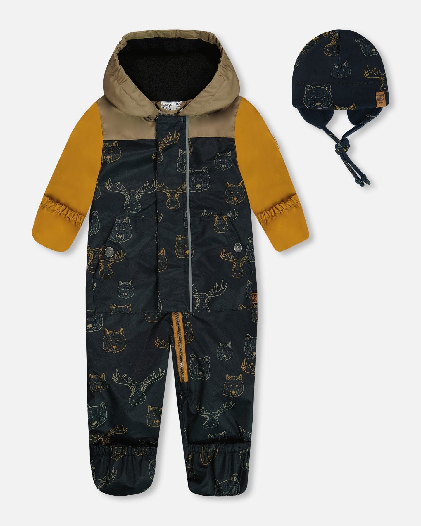 Baby Printed Mid-Season One-Piece Outerwear With Hat Beige Animals On Black Background - G30W65_017