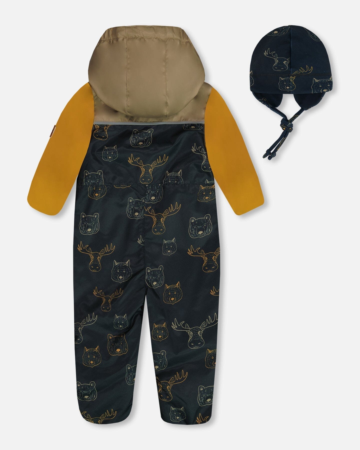 Baby Printed Mid-Season One-Piece Outerwear With Hat Beige Animals On Black Background - G30W65_017