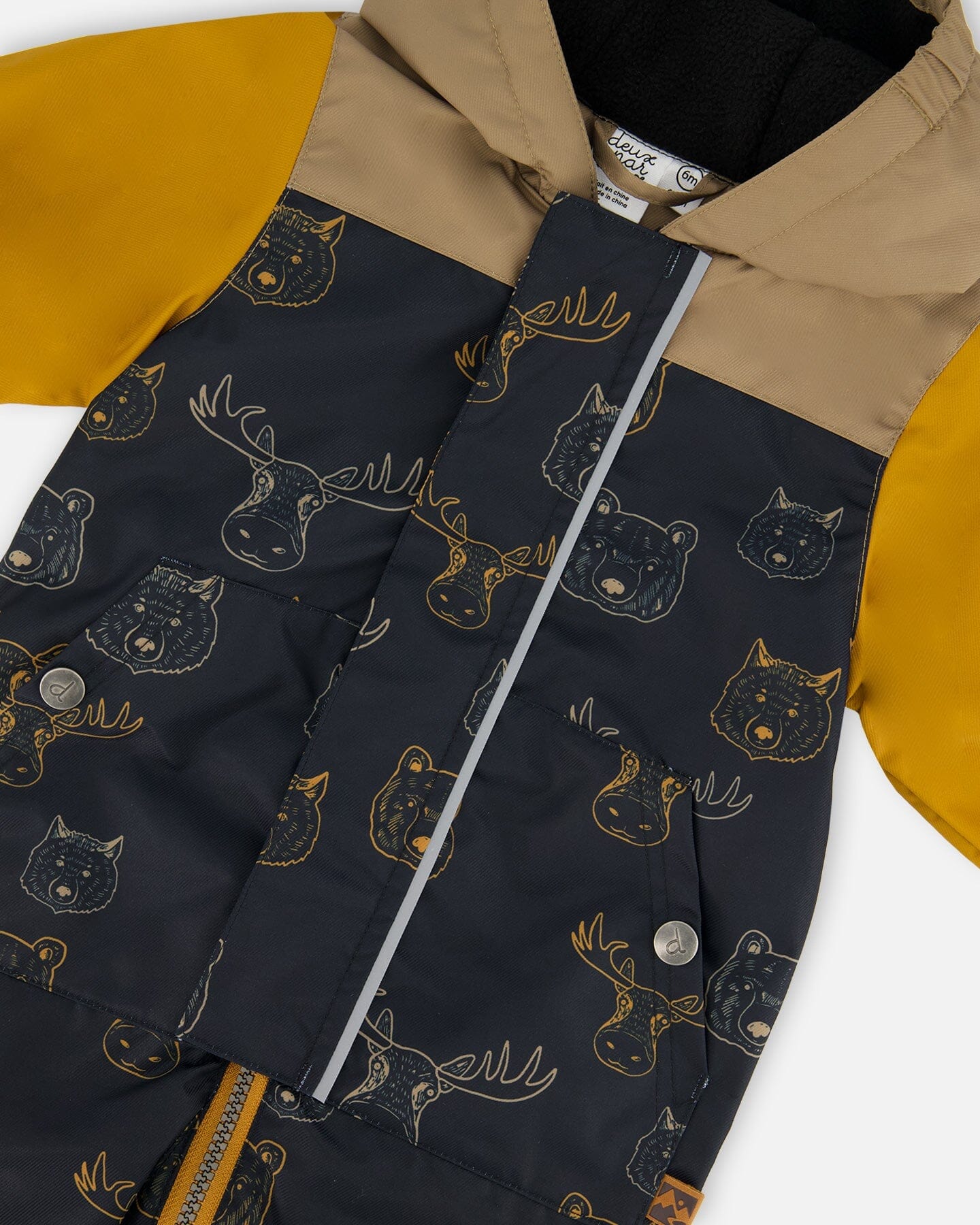 Baby Printed Mid-Season One-Piece Outerwear With Hat Beige Animals On Black Background - G30W65_017