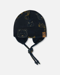 Baby Printed Mid-Season One-Piece Outerwear With Hat Beige Animals On Black Background - G30W65_017