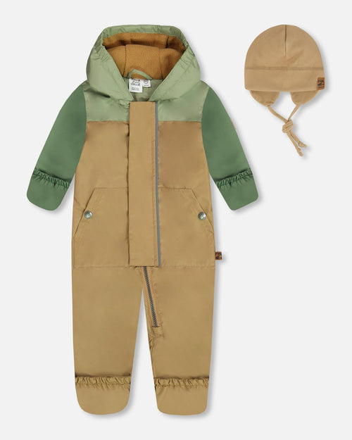 Baby Colorblock Mid-Season One-Piece Outerwear With Hat Pale Green, Sage, And Tan - G30W65_178