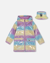 Printed Rain Coat With Hat Mauve Blue And Yellow Glitter Gradient