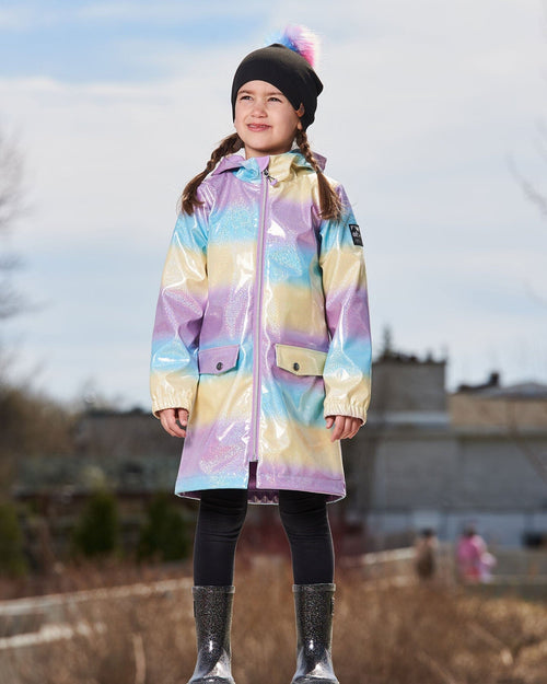 Printed Rain Coat With Hat Mauve Blue And Yellow Glitter Gradient - G30W98_025