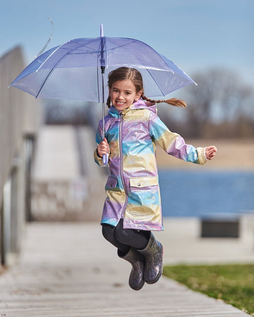 Printed Rain Coat With Hat Mauve Blue And Yellow Glitter Gradient - G30W98_025