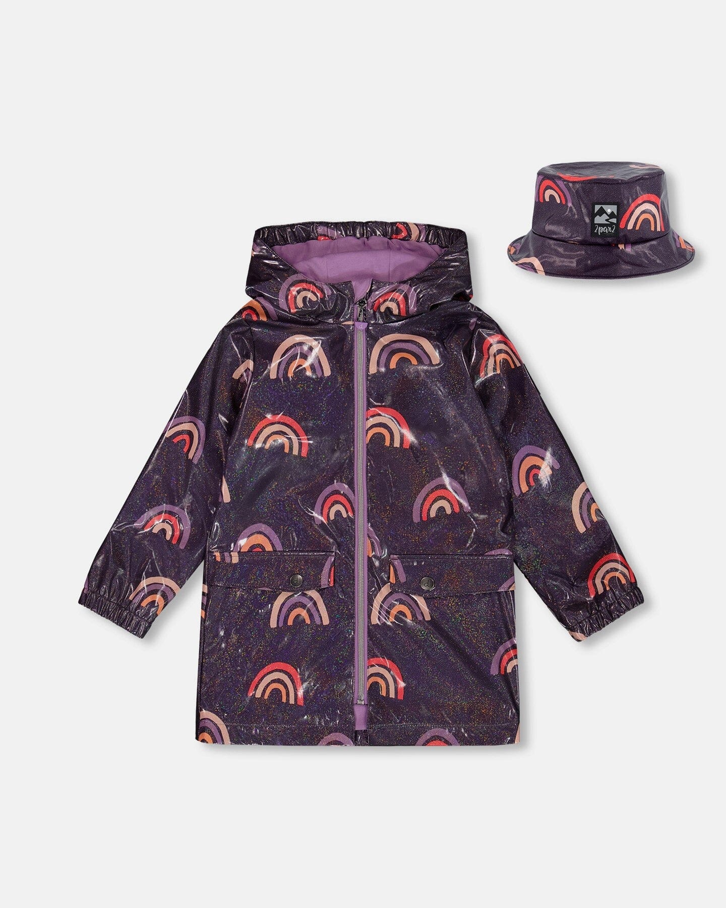 Printed Rain Coat With Hat Rainbow On Shiny Background Outerwear Deux par Deux 