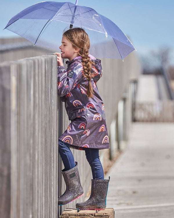 Printed Rain Coat With Hat Rainbow On Shiny Background - G30W98_026